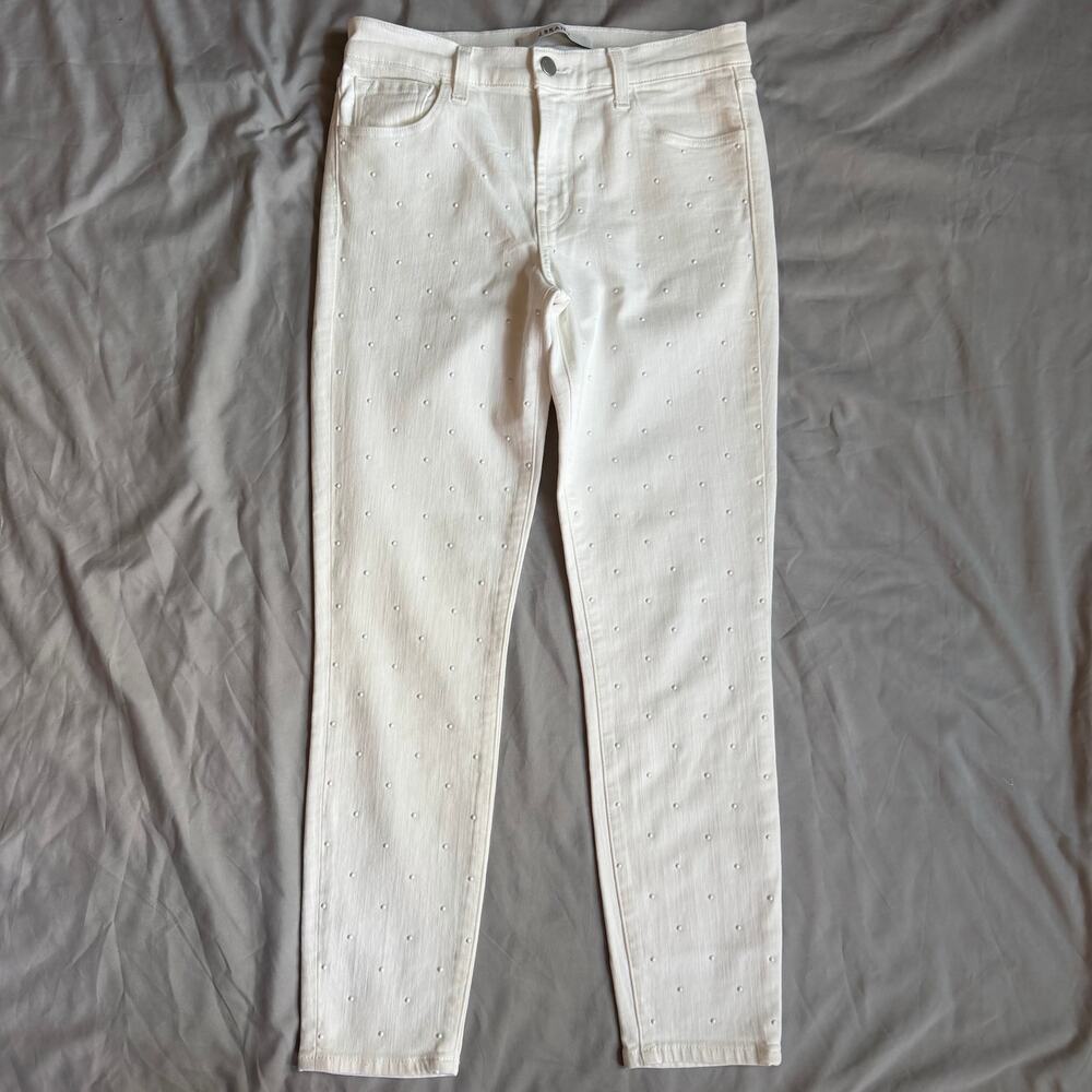 J Brand White Skinny Jeans Size 27 Textured Dot Stretch Denim - Picture 3 of 13